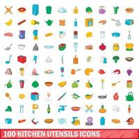 Ensemble de 100 ustensiles de cuisine, style cartoon vecteur