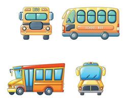 jeu d'icônes d'enfants de retour d'autobus scolaire, style dessin animé vecteur