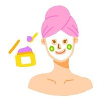 joli beau femme fille rose serviette cheveux emballage produit de soin icône matin routine visage masque drap décoller pas concombre sur joue bocal bol cuillère isolé vecteur illustration