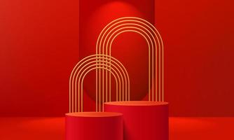 rouge réaliste, support 3d avec scène d'arc doré. vitrine de scène, affichage de produits de promotion. salle abstraite de vecteur, formes géométriques.