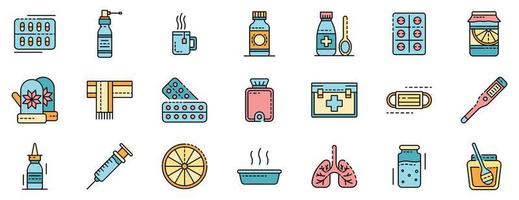 grippe, malade, icônes, ensemble, ligne, couleur, vecteur