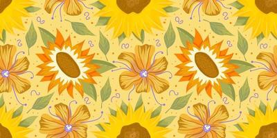 modèle sans couture de tournesol avec fleur, feuille. illustration de dessin animé jaune. motif floral sans couture. design floral lumineux d'été. illustration vectorielle vecteur