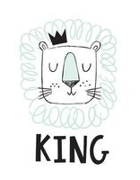 joli lion dessiné à la main dans un style scandinave. roi animal dans une couronne. art de pépinière de bébé enfants. vecteur