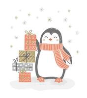 pingouin de noël avec illustration vectorielle de coffrets cadeaux. joli pingouin dessiné à la main en écharpe d'hiver avec des cadeaux. conception de carte de voeux joyeux noël. vecteur