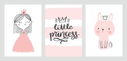 petites cartes de bébé princesse, affiches de pépinière, invitations de baby shower. princesse mignonne, lapin, lettrage dessiné à la main. illustration vectorielle scandinave pour impressions, cartes, vêtements. vecteur