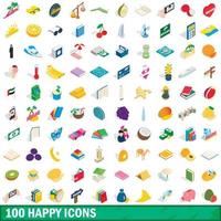 Ensemble de 100 icônes heureux, style 3d isométrique vecteur