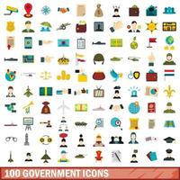 Ensemble de 100 icônes de gouvernement, style plat vecteur