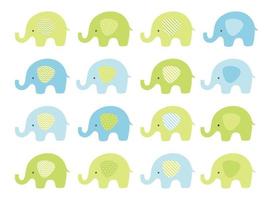 joli ensemble de bébé éléphant. éléphants de vecteur avec des oreilles à motifs. bleu et vert.