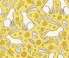 joli motif floral avec des lapins. doodle vecteur fond transparent avec des lapins, des fleurs et des feuilles. conception bébé, enfant.