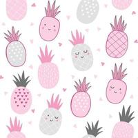 joli motif d'ananas avec des coeurs. fruits tropicaux dessinés à la main avec des visages souriants. arrière-plan transparent de la Saint-Valentin. illustration enfantine. vecteur