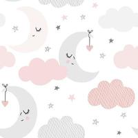 motif de ciel mignon. conception vectorielle continue avec sourire, lune endormie, coeurs, étoiles et nuages. illustration de bébé. vecteur
