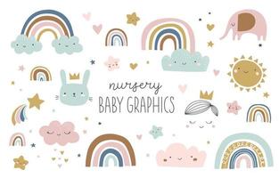 ensemble de graphismes mignons pour bébés et enfants, illustrations de style scandinave. arc-en-ciel, nuage, étoile, éléphant, pluie, lapin, prince, couronne, soleil, ciel. affiches, cartes de vœux, invitations, vêtements. vecteur