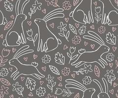 motif vectoriel mignon avec des lapins doodle, des fleurs et des coeurs motif vectoriel. fond harmonieux de printemps avec des lapins, des fleurs et des coeurs.