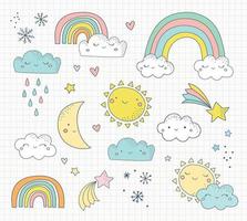 ensemble d'icônes et d'illustrations météo mignonnes dans un style dessiné à la main. soleil souriant, nuages, lune, arc-en-ciel. saisons, prévisions météo personnages mignons.