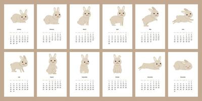 calendrier 2023 avec lapin mignon. Calendrier des pages verticales de 12 mois Année du symbole de la mascotte du personnage de lièvre. lapin mignon 2023 au calendrier chinois. illustration vectorielle vecteur