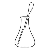 image monochrome, flacon en verre triangulaire avec solution et cuillère à mesurer pour les expériences, illustration vectorielle sur fond blanc vecteur