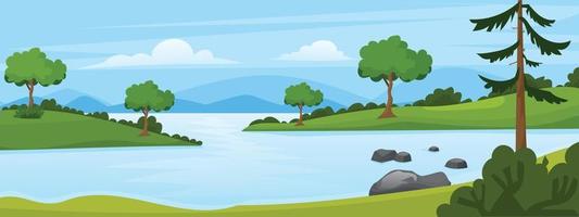 paysage avec rivière qui coule à travers les collines, forêt verte pittoresque et montagnes. scène avec illustration vectorielle de rivière