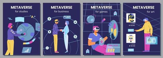 métaverse dans différentes sphères de vie ensemble d'affiches vectorielles. les personnes utilisant des casques vr utilisant le métaverse à leurs fins - études, jeux, affaires, investissement dans l'art nft. vecteur