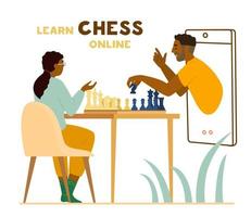 femme afro-américaine apprenant à jouer aux échecs en ligne illustration vectorielle plane. professeur tenant khight montre comment jouer à partir d'un smartphone. vecteur