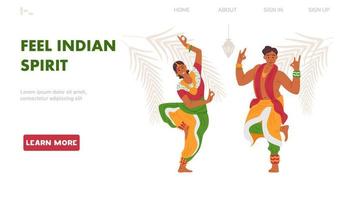 voyagez vers le modèle de page de destination de vecteur de l'inde. homme et femme en danse de vêtements traditionnels.