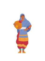 femme indienne en tenue traditionnelle tenant un pot en métal. illustration vectorielle. isolé sur blanc. vecteur