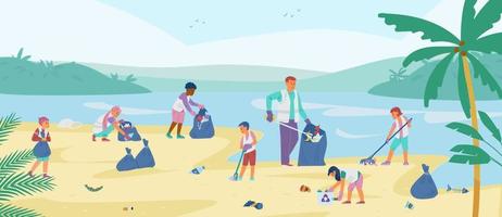 des enfants bénévoles ramassent des ordures sur la plage. homme avec des enfants nettoyant la côte. illustration vectorielle. vecteur