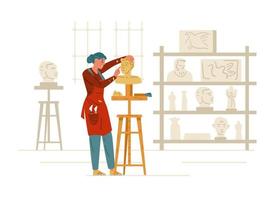 femme sculpteur faisant une statue à l'intérieur de l'atelier. illustration vectorielle de personnage féminin artisanal. vecteur