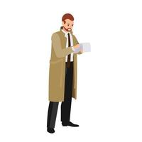 illustration plate de vecteur de détective privé. Inspecteur en manteau, chapeau et moustache tenir la montre loupe sur l'empreinte mystère isolé sur fond blanc