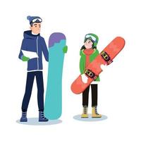 divertissement hivernal actif, sports d'hiver, snowboard. un homme et une fille sur fond de montagnes communiquent, tenant des snowboards dans leurs mains. infographie à plat. illustration vectorielle. vecteur