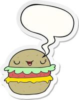 burger de dessin animé et autocollant de bulle de dialogue vecteur