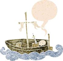 dessin animé vieux bateau et bulle de dialogue dans un style texturé rétro vecteur