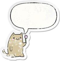 chat de dessin animé mignon et fleur et bulle de dialogue autocollant en détresse vecteur