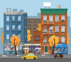 illustration vectorielle du paysage urbain d'automne. temps pluvieux dans la ville. laverie, café et librairies, taxi, scooter. arbres jaunes. style plat. vecteur