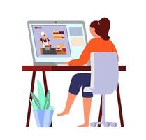 femme regardant un blog de cuisine sur un ordinateur portable. vidéo de guides pratiques. faire de la confiture. illustration vectorielle plane. isolé sur blanc. vecteur