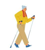 femme âgée marchant avec des bâtons illustration vectorielle plane. marche nordique. vecteur