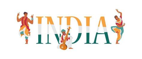 bienvenue à la bannière vectorielle indienne avec des personnages indiens danseurs et musiciens en tenue traditionnelle.