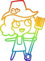 ligne de gradient arc-en-ciel dessinant une fille de fermier de dessin animé avec une fourchette vecteur