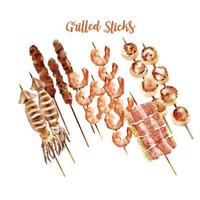 ensemble de crevettes grillées calamars porcs bacon avec brochette de champignons dorés et pétoncles sur bâtonnets de bois vecteur