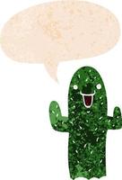 cactus de dessin animé et bulle de dialogue dans un style texturé rétro vecteur