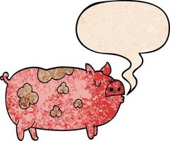 cochon de dessin animé et bulle de dialogue dans un style de texture rétro vecteur