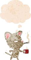 chat de dessin animé avec café et cigare et bulle de pensée dans un style texturé rétro vecteur