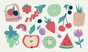 fruits et baies d'été. ambiance d'été. groseilles, framboises, fraises, pastèque, raisins. panier avec des baies. image vectorielle. vecteur