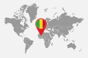 épinglez la carte avec le drapeau du mali sur la carte du monde. illustration vectorielle. vecteur