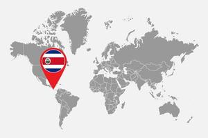 épinglez la carte avec le drapeau du costa rica sur la carte du monde. illustration vectorielle. vecteur