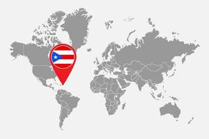 épinglez la carte avec le drapeau de porto rico sur la carte du monde. illustration vectorielle. vecteur