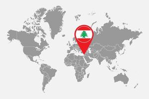 épinglez la carte avec le drapeau du liban sur la carte du monde. illustration vectorielle. vecteur