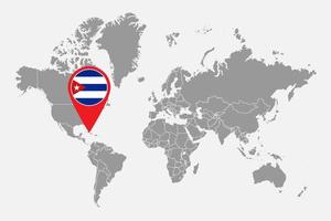 épinglez la carte avec le drapeau de cuba sur la carte du monde. illustration vectorielle. vecteur