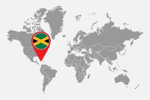 épinglez la carte avec le drapeau de la jamaïque sur la carte du monde. illustration vectorielle. vecteur