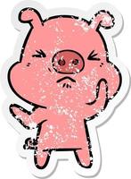 autocollant en détresse d'un cochon en colère de dessin animé vecteur