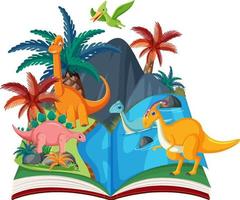 livre ouvert avec dinosaure dans la forêt préhistorique vecteur